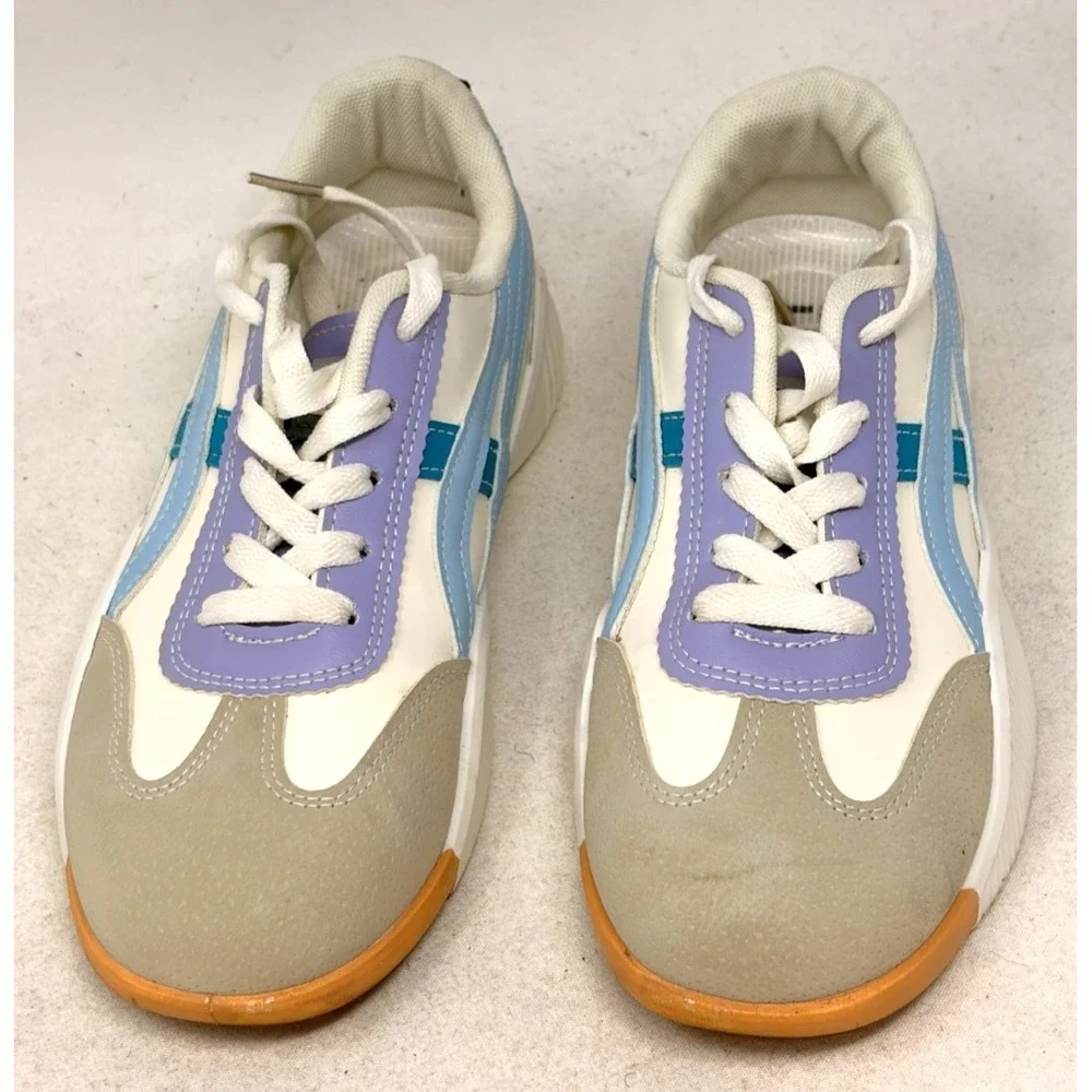 De Florence Women's Platform Sneakers White Blue Purple Lace Up Shoes Size 39